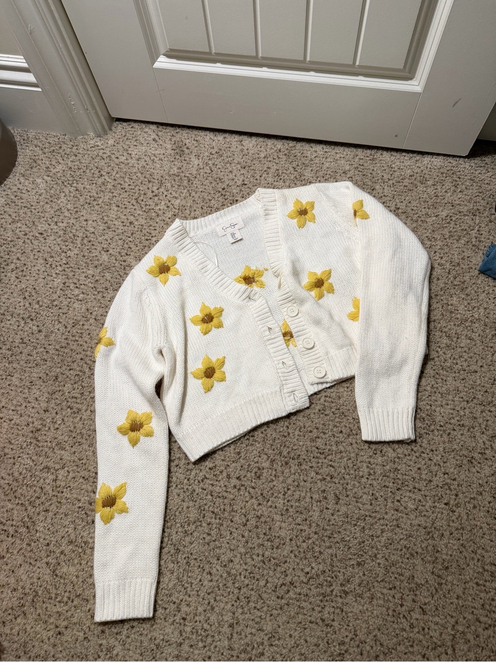 Jessica Simpson White Cropped Cardigan with Yellow Floral Embroidery